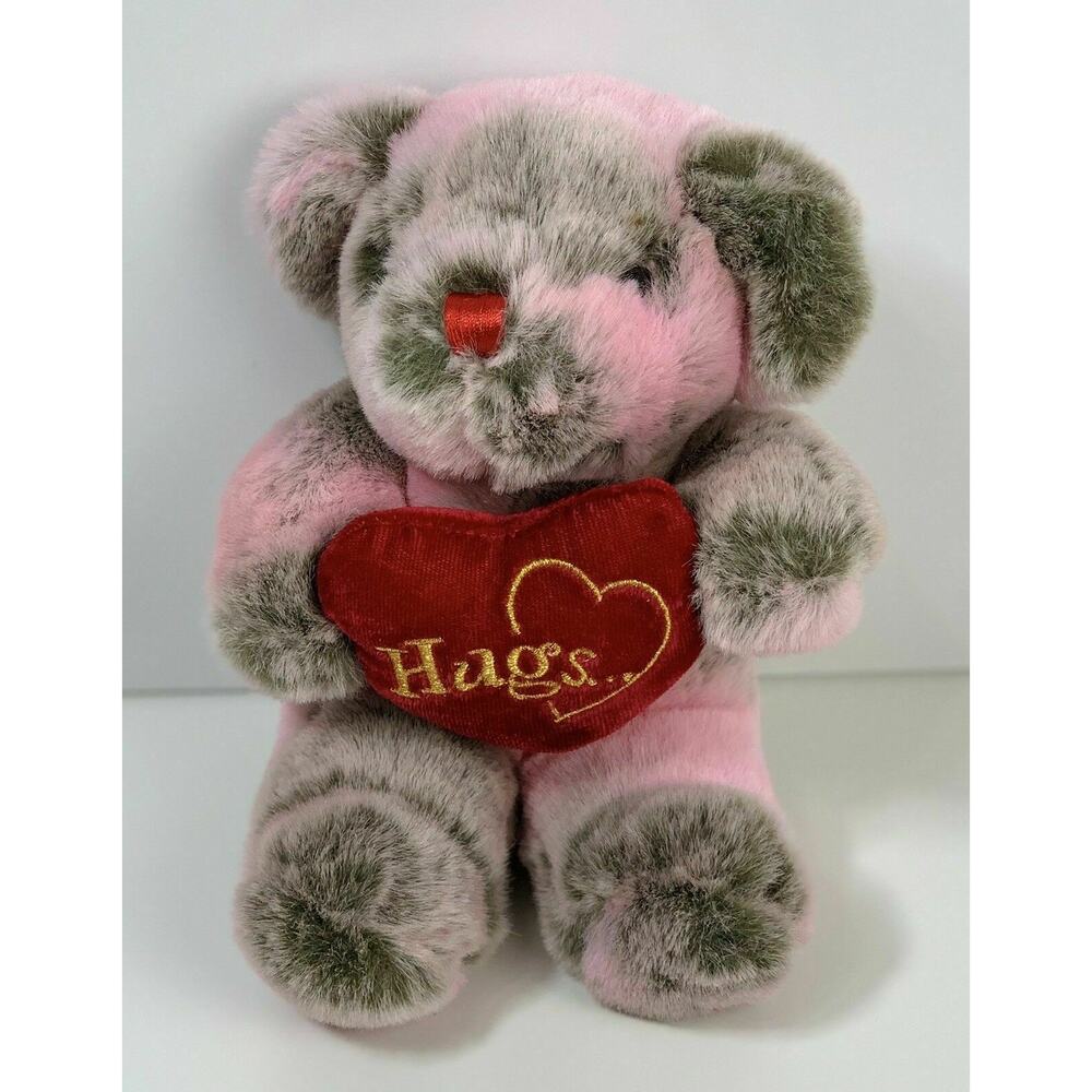 Dandee Gray & Pink Soft Plush Bear Holding Heart w/ Hugs 6" Sitting